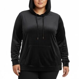 GREEN TEA Black Velvet Velour Pullover Hoodie Hooded Sweater Top XXL 2X